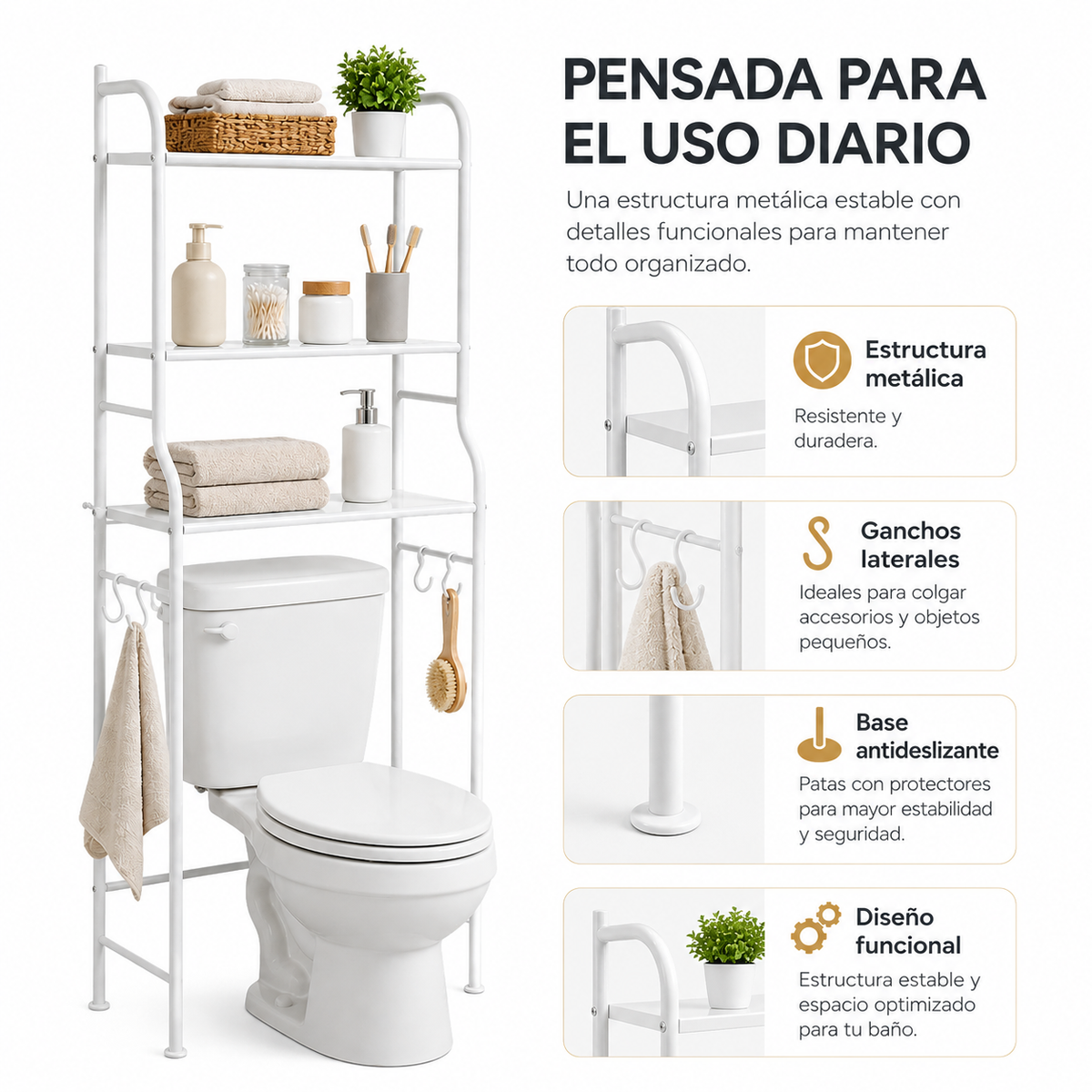 Estantería Sobre Inodoro De 3 Niveles Con Ganchos