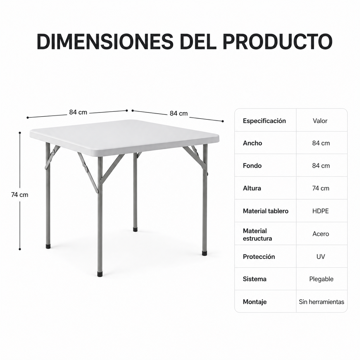 Tavolo Pieghevole Portatile 84x84x74 Cm Bianco