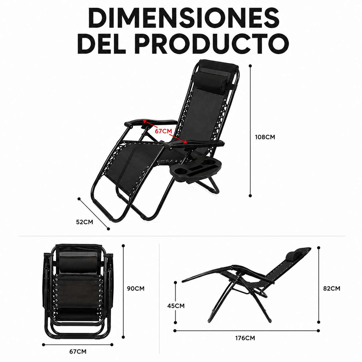 Tumbona Plegable Playa Negra Con Portavasos