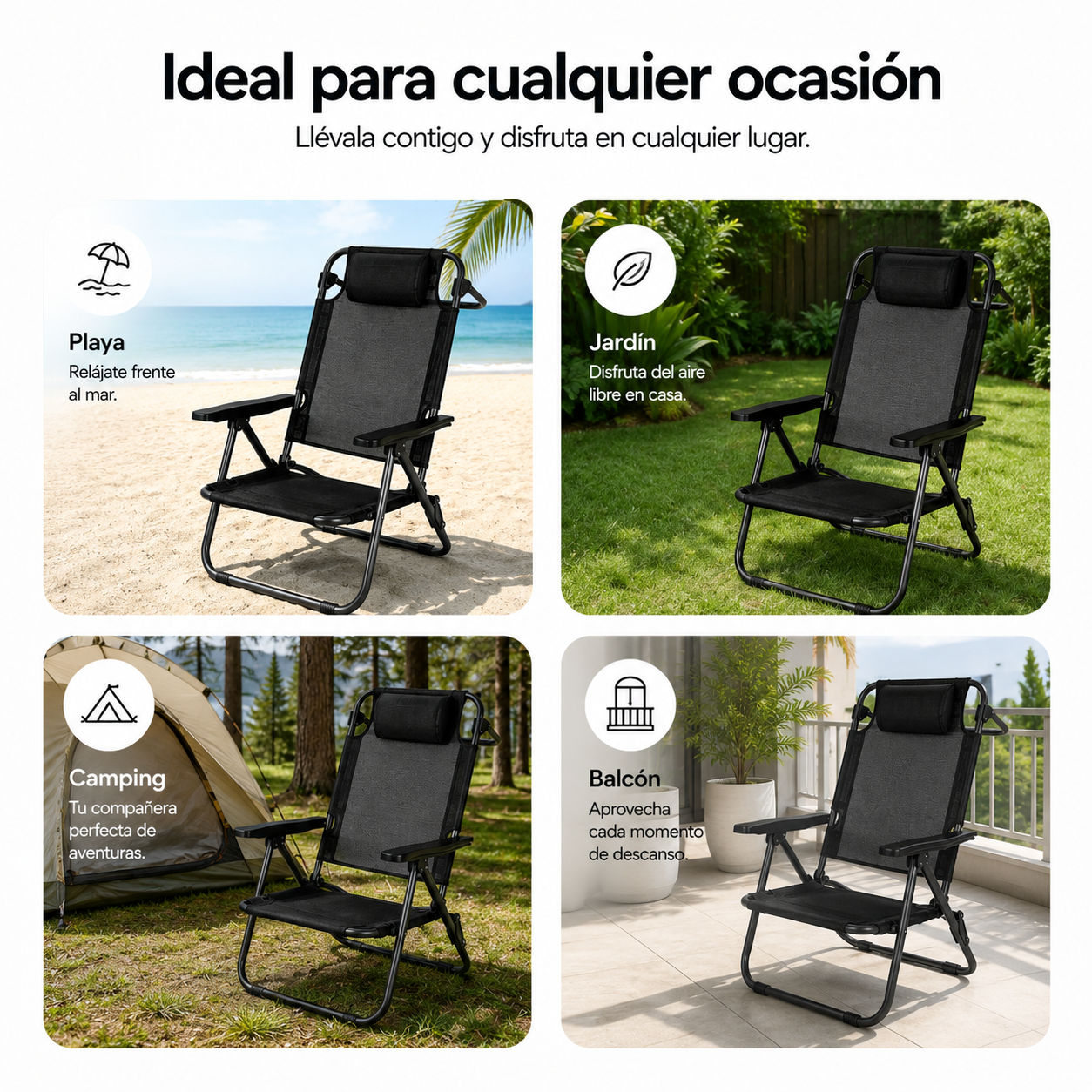Set mit 4 niedrigen klappbaren Stühlen für Strand und Camping mit gepolstertem Kopfstütze