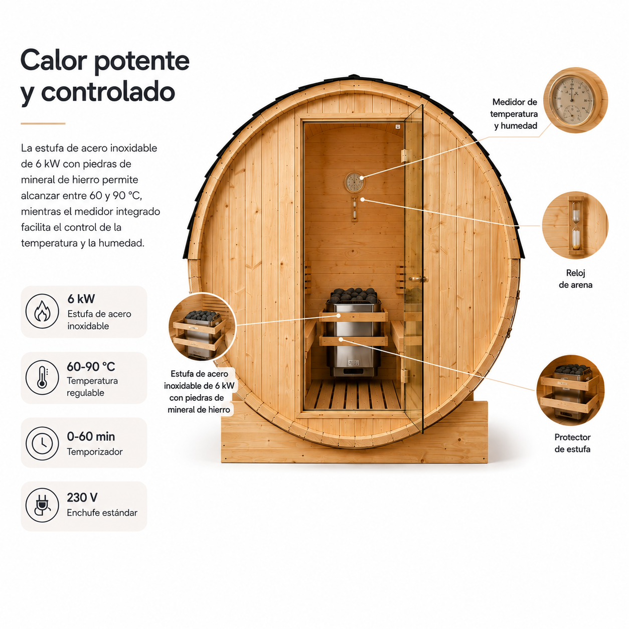 Sauna Barril Exterior para Jardim 5-6 Pessoas em Madeira Abeto 6 kW Telhado de Telhas