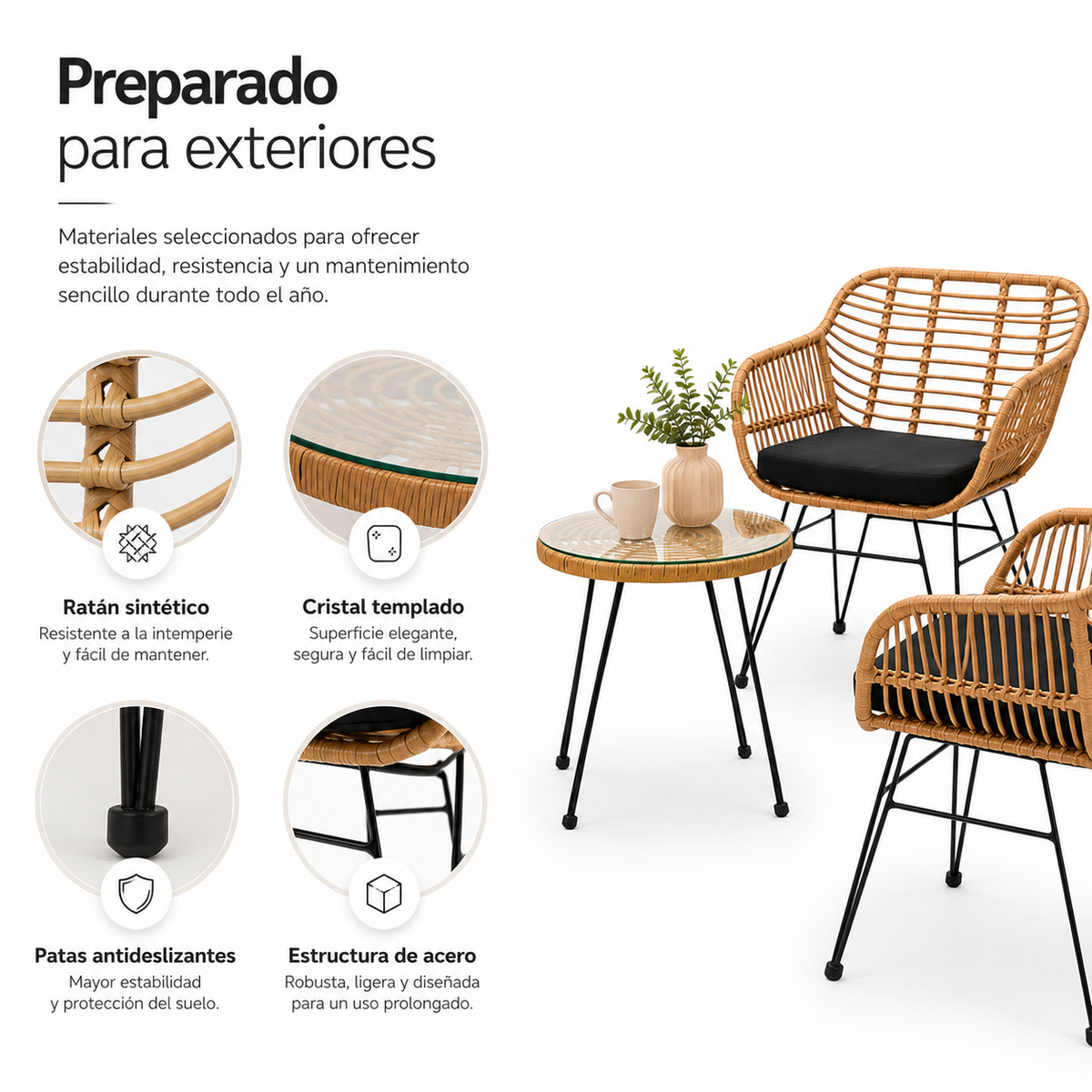 Conjunto Jardim Ráfia com 2 Poltronas e Mesa Redonda para Terraço e Varanda