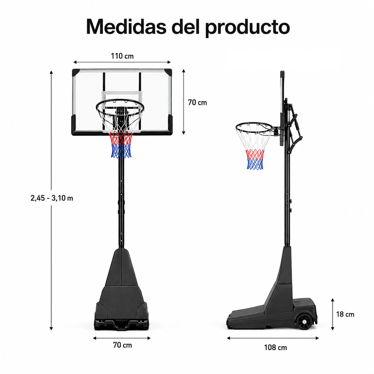 Cesto de Basquetebol Exterior Regulável 2,45-3,1 m com rodas