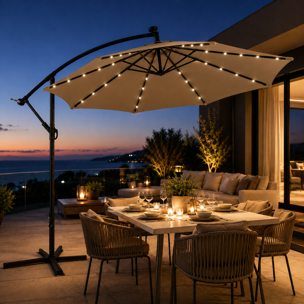 3 Meter seitlicher Gartenschirm in Khaki mit LED und 360° Neigung