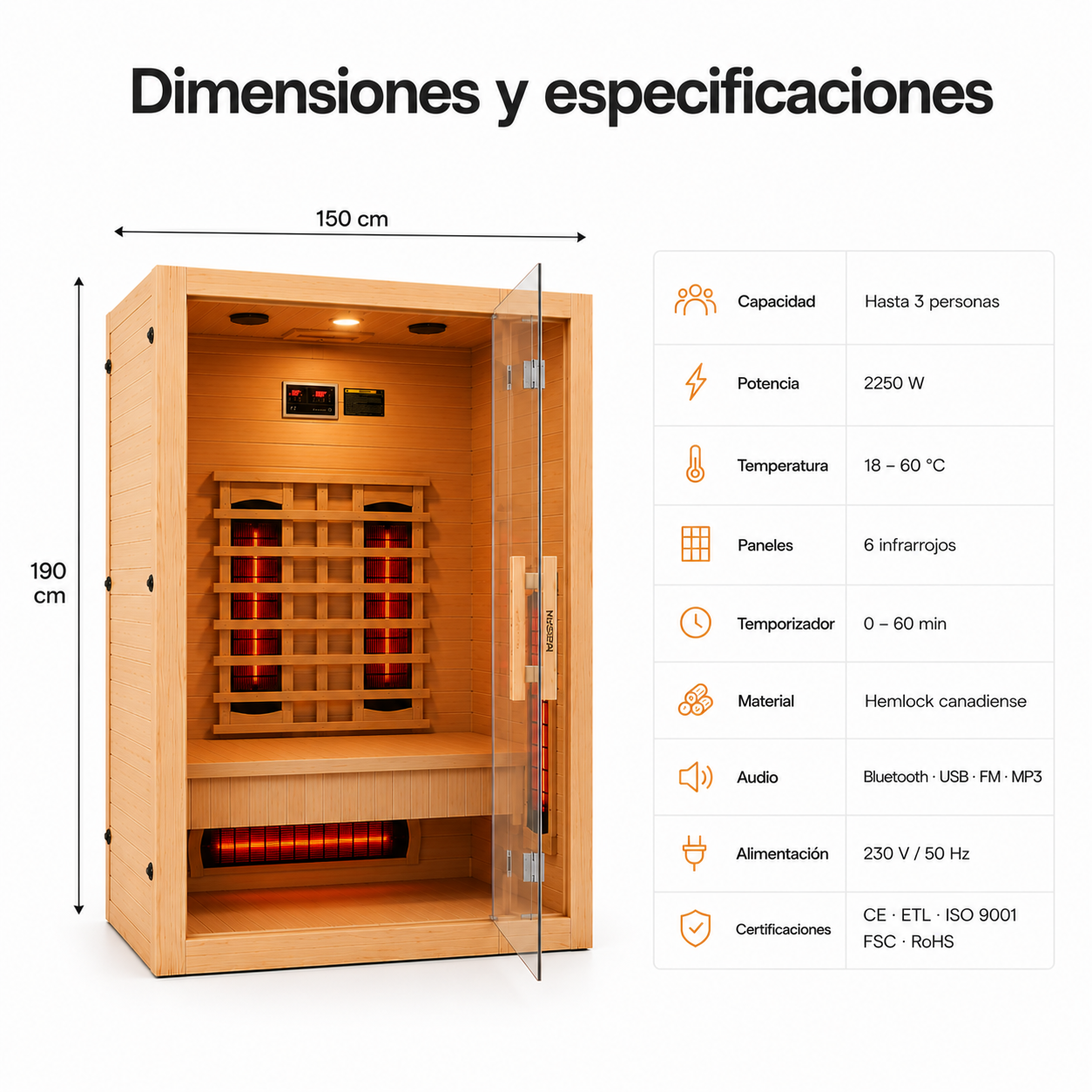 Sauna a infrarossi per casa 3 persone con 6 pannelli, Bluetooth e porta panoramica