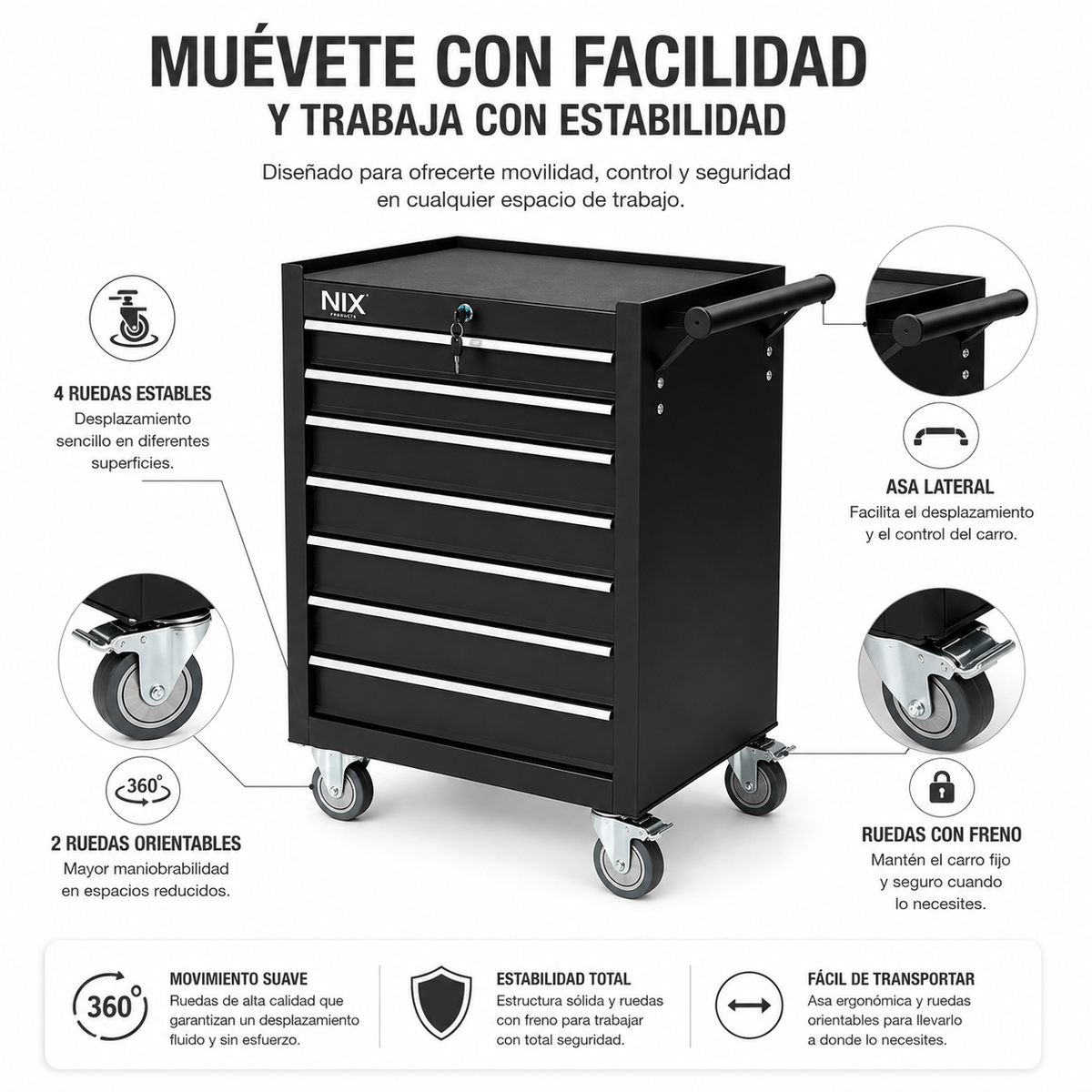Carrinho de Ferramentas Metálico com 7 Gavetas