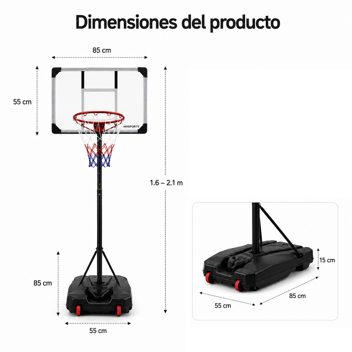 Verstellbarer tragbarer Basketballkorb 1,6-2,1 m mit Rollenbasis