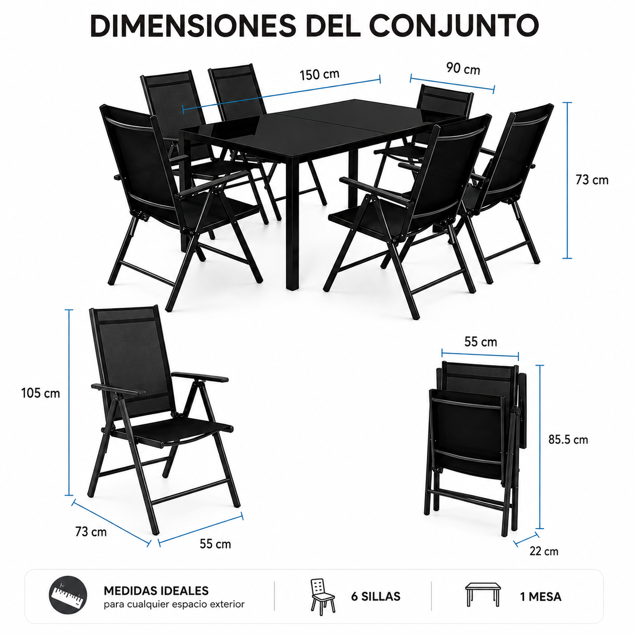 Tuinset met verstelbare stoelen, 7-delig, met glazen tafel