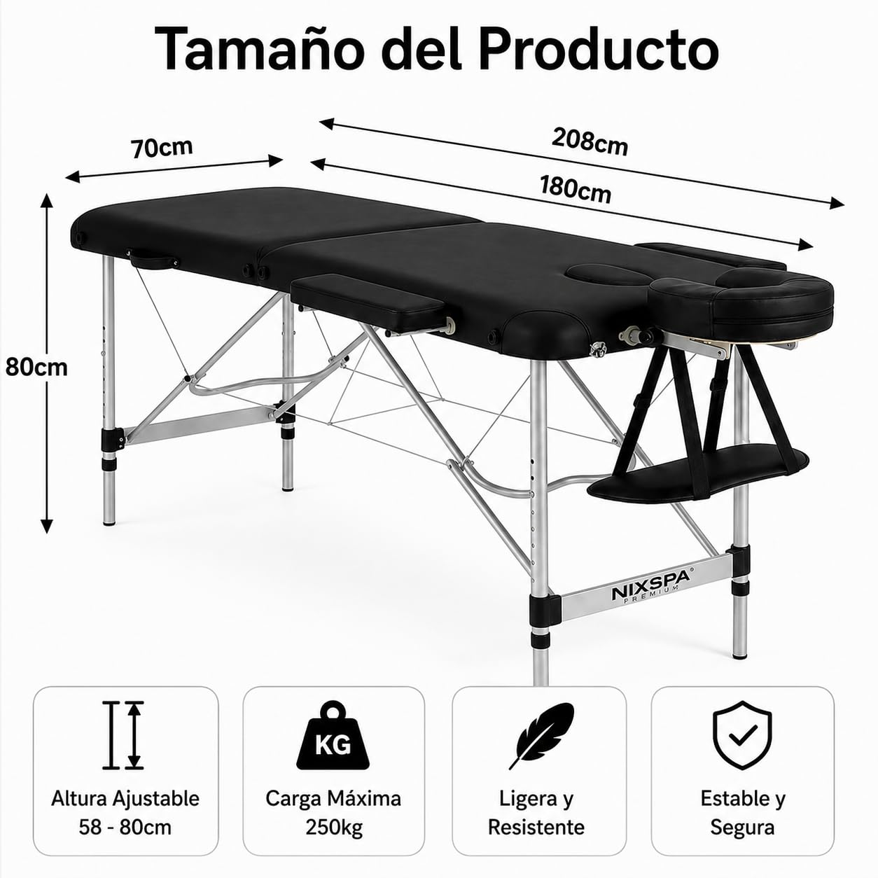 Maca de massagem dobrável de 2 zonas com altura regulável, apoio de cabeça e design portátil 70 cm