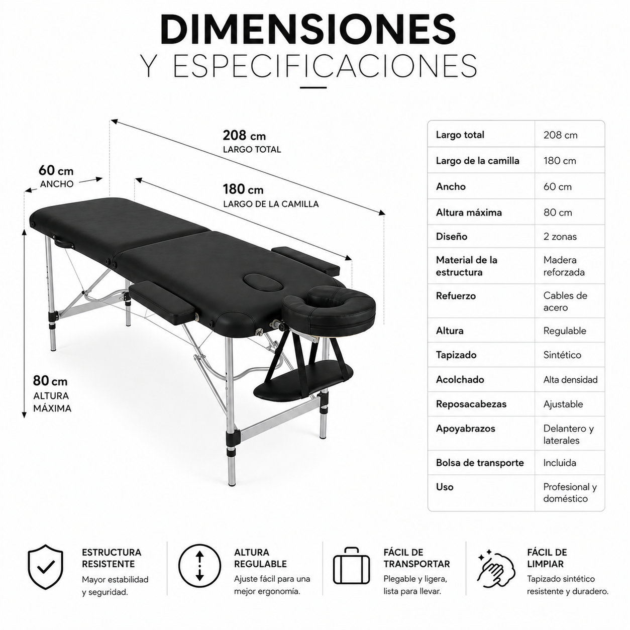 Opvouwbare massagetafel 60 cm, verstelbare hoogte en hoofdsteun, Nix Spa