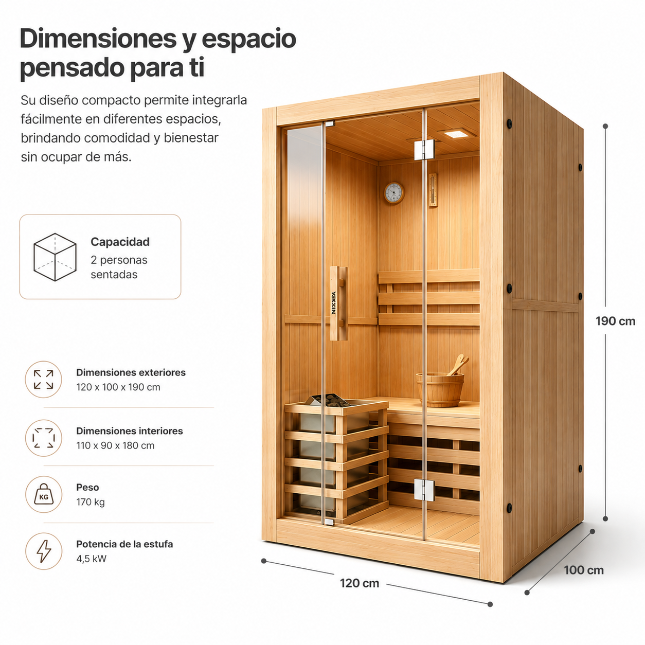 Sauna Finlandesa para casa 2 Personas Madera Hemlock Canadiense