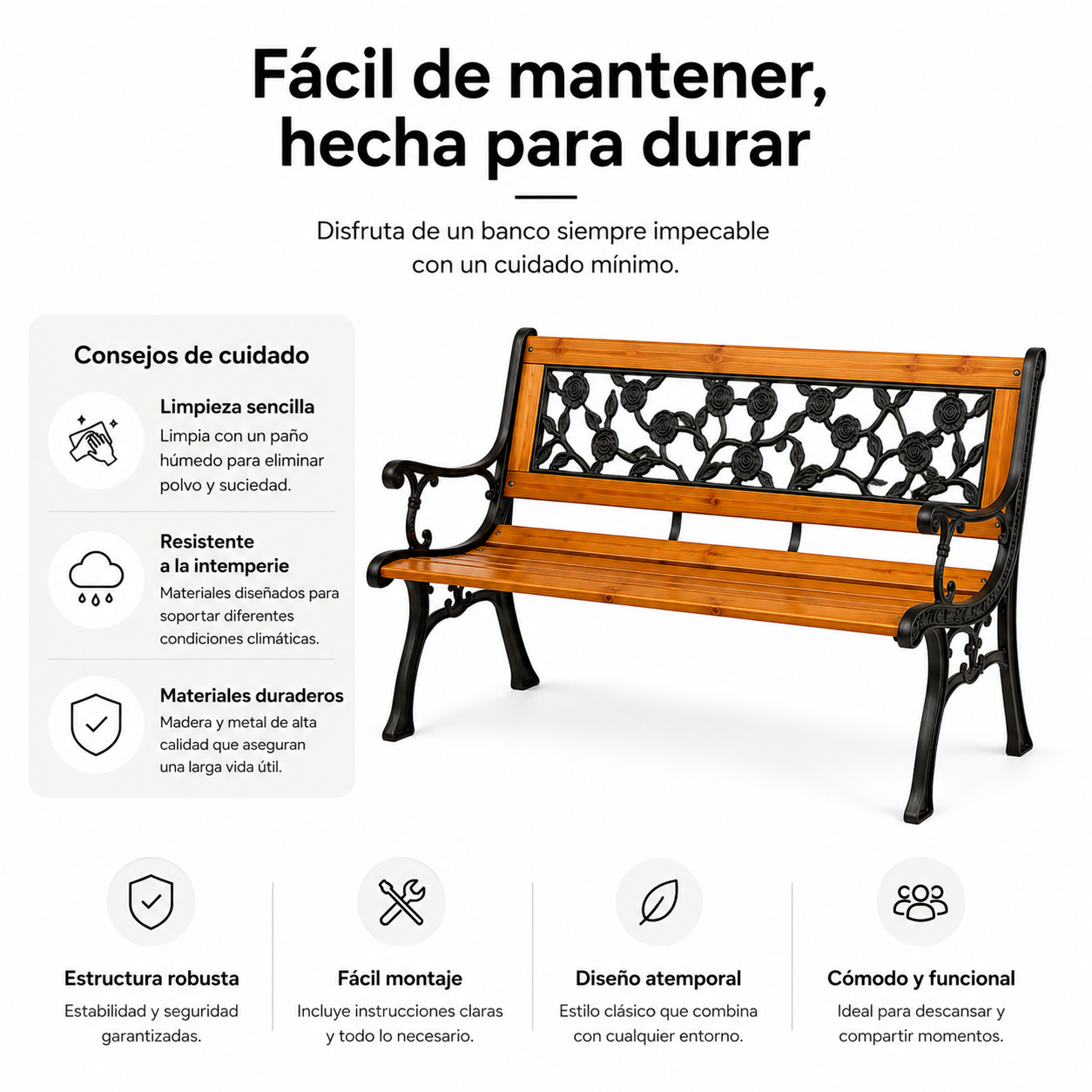 Banc de jardin en bois et métal avec dossier décor floral