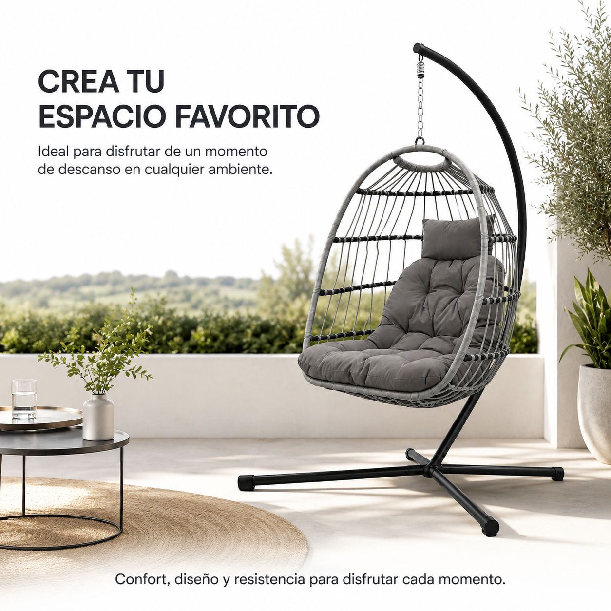 Hangende ei-fauteuil voor de tuin met gewatteerde kussens en metalen frame