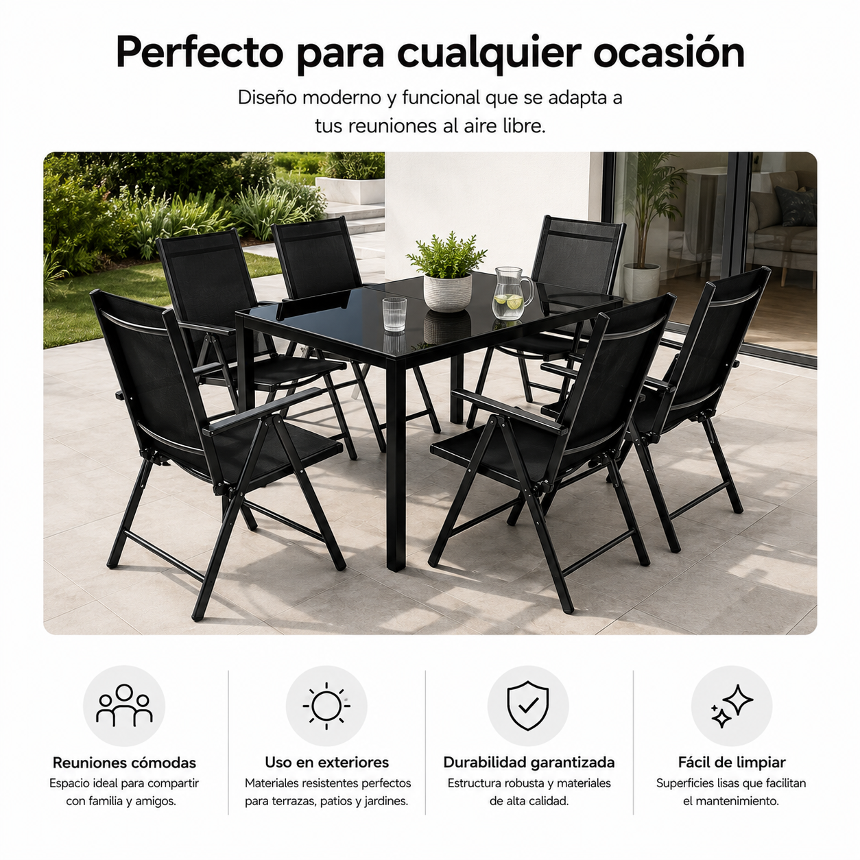 Tuinset met verstelbare stoelen, 7-delig, met glazen tafel