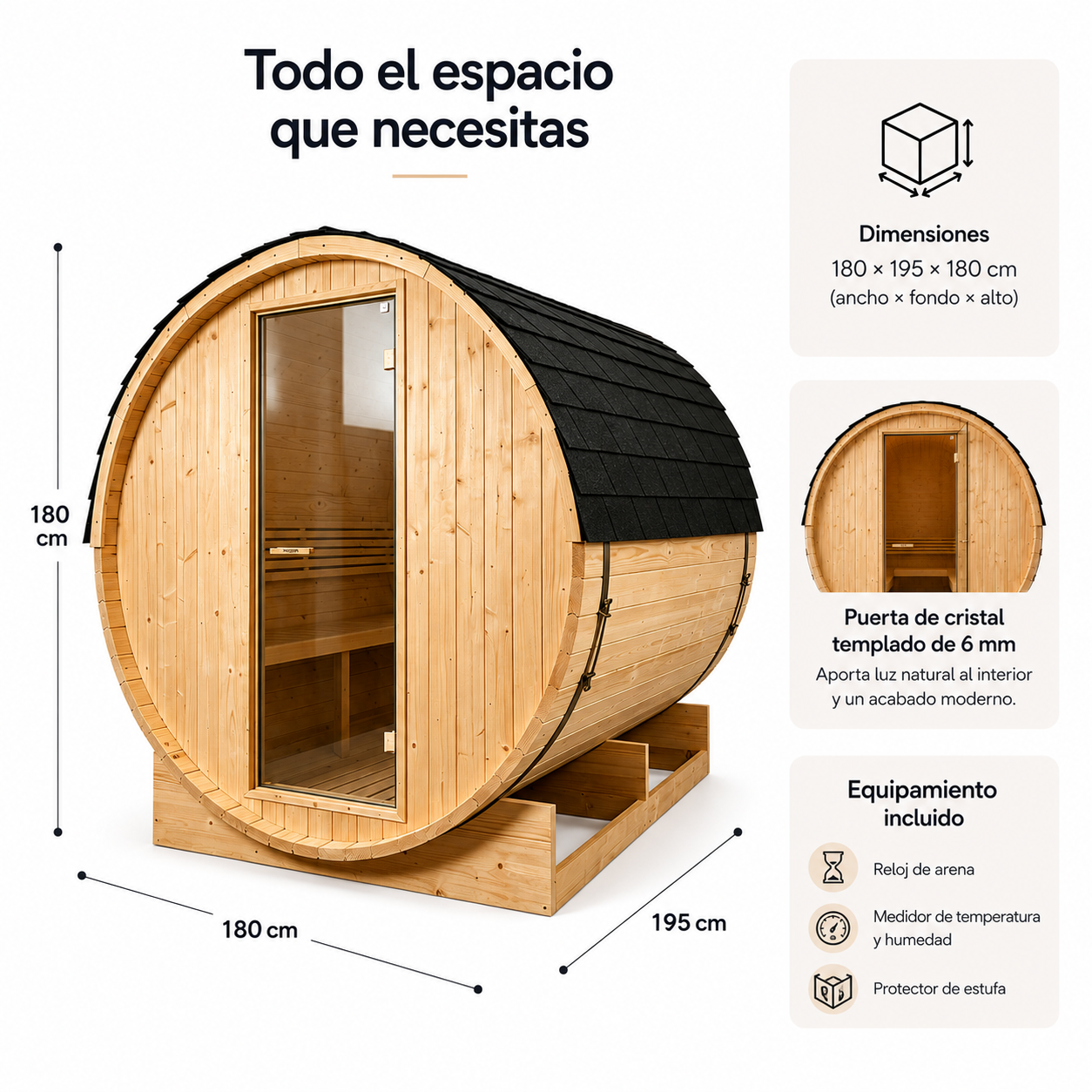 Sauna Barril Exterior para Jardim 5-6 Pessoas em Madeira Abeto 6 kW Telhado de Telhas