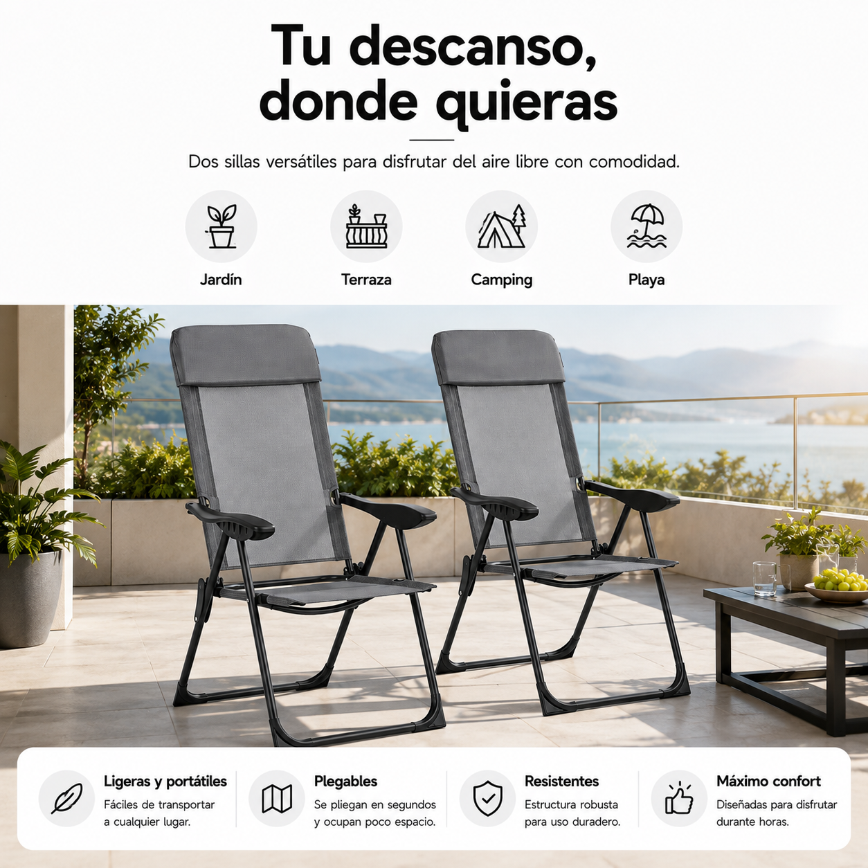 Pack de 2 Sillas Plegables Reclinables 7 Posiciones Respaldo Alto Exterior