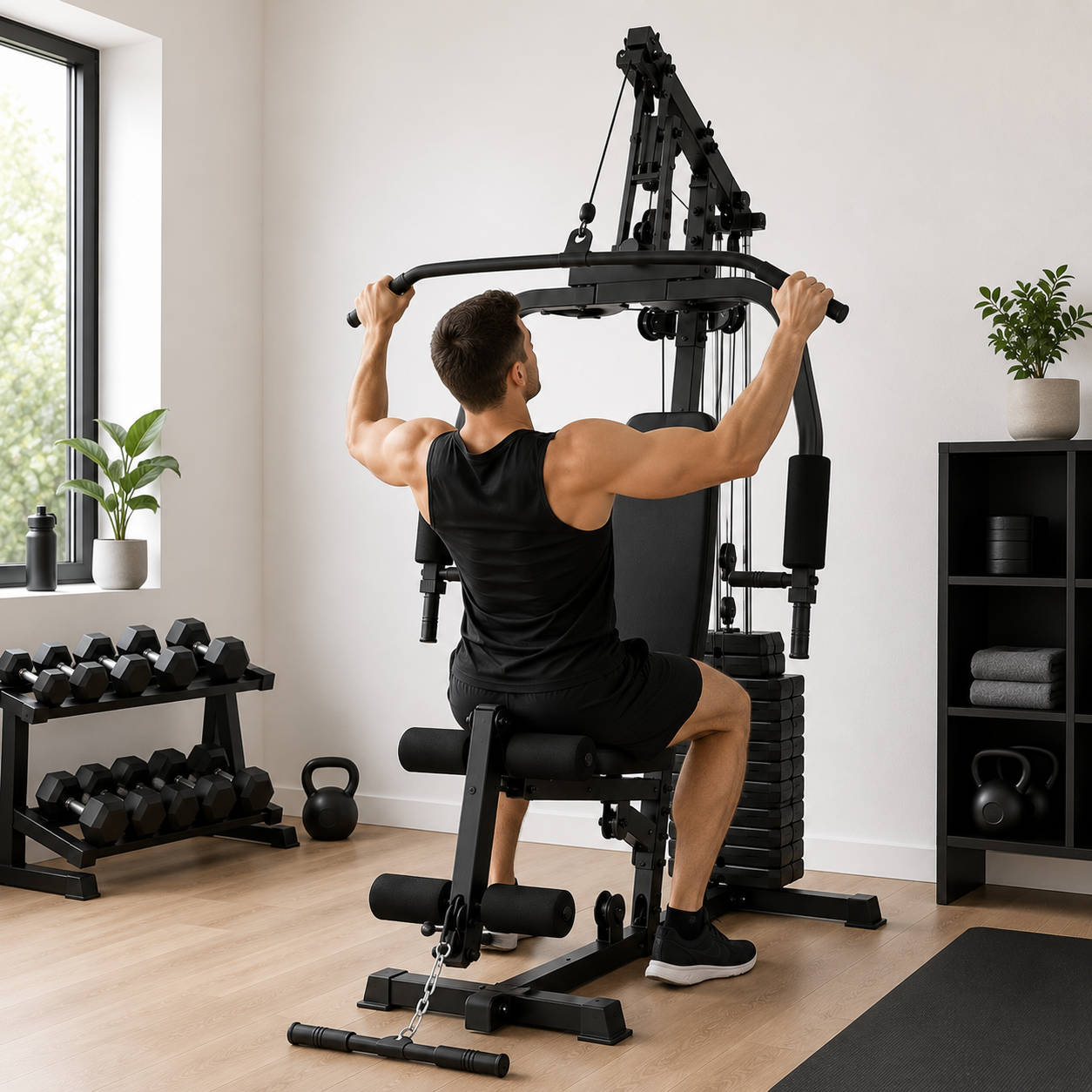 Multifunctioneel krachtstation met katrollen en ergonomische bank