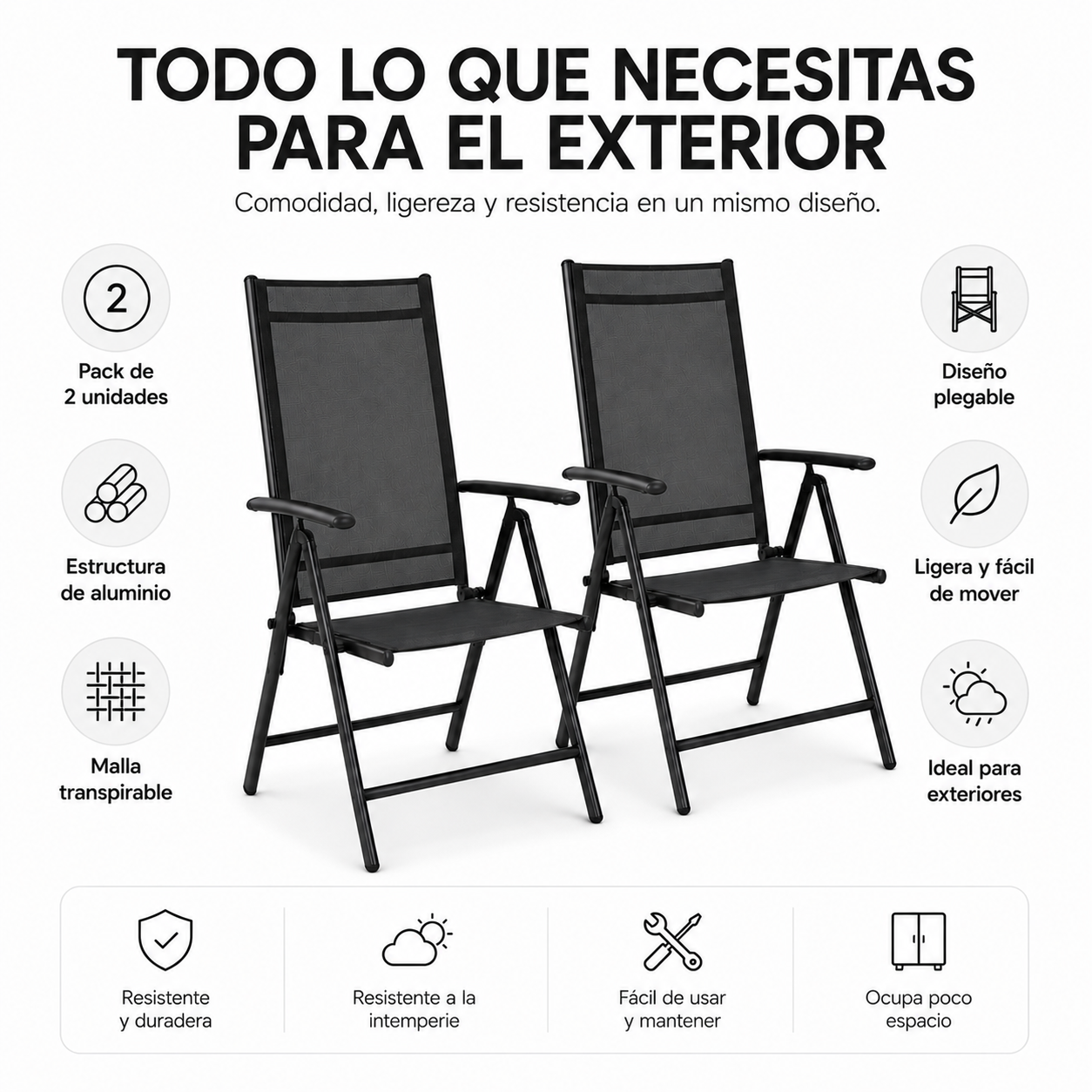 Sillas Plegables De Jardín Pack De 2 Aluminio Antracita Con Asiento Textil