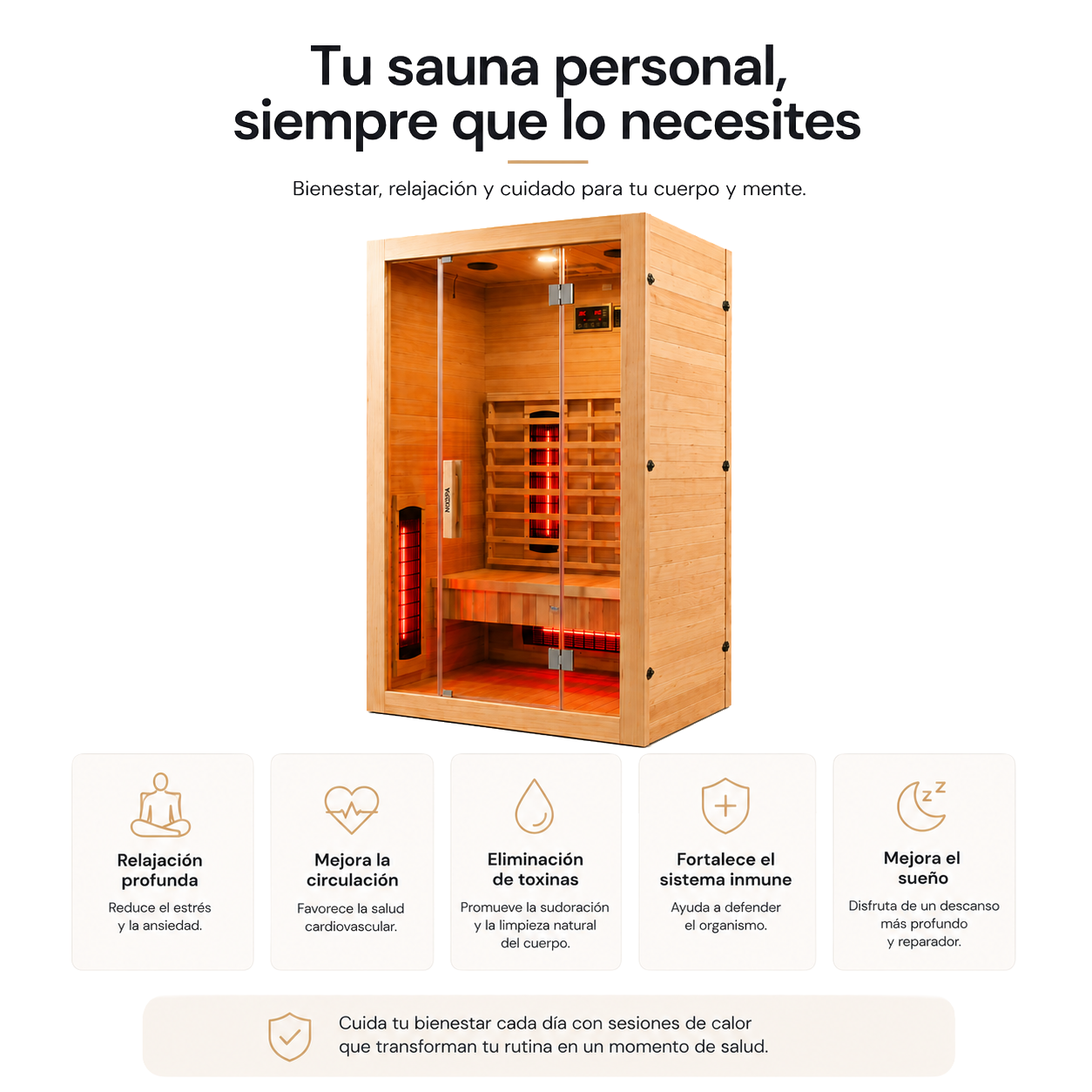 Sauna de infrarrojos para casa 2 personas con 5 paneles, Bluetooth y control digital
