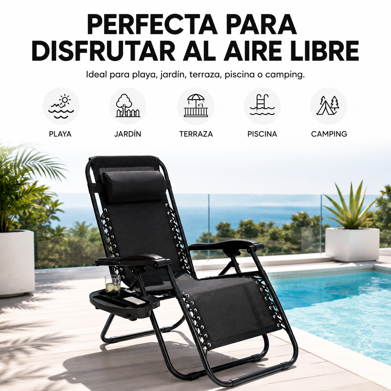 Tumbona Plegable Playa Negra Con Portavasos