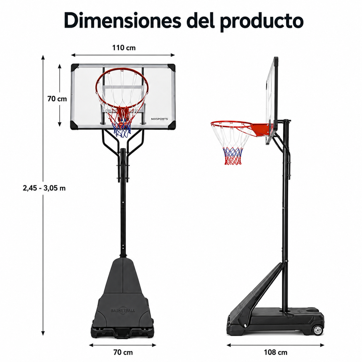 Canasta de Baloncesto Portátil con Altura Regulable 2,45-3,05 m