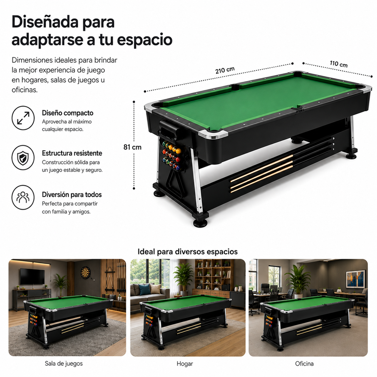 Mesa Multijuegos 3 En 1 Billar Y Ping Pong 210 Cm