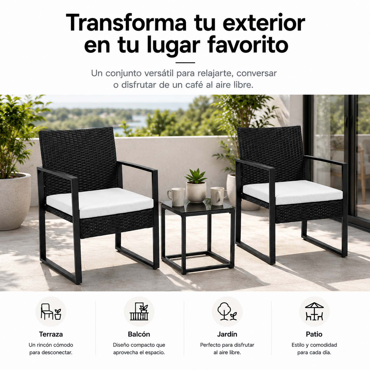 Conjunto de Jardim Exterior em Ráfia PE 3 Peças com Almofadas Acolchoadas