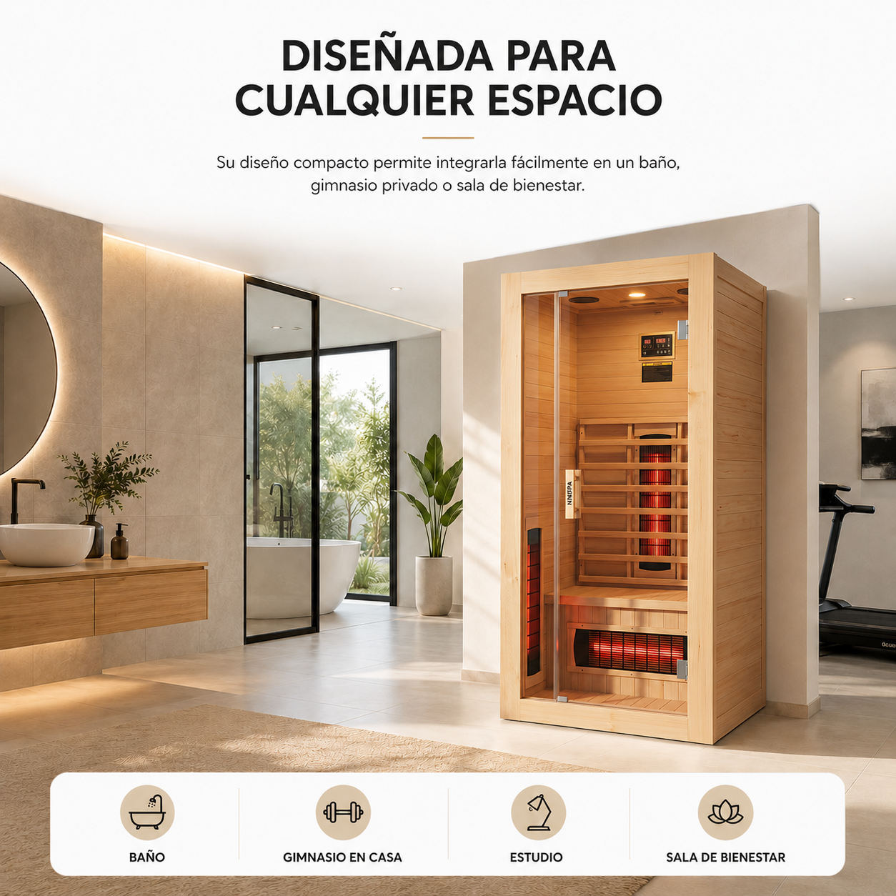 Sauna de infrarrojos para casa individual de madera maciza con 4 paneles y control digital