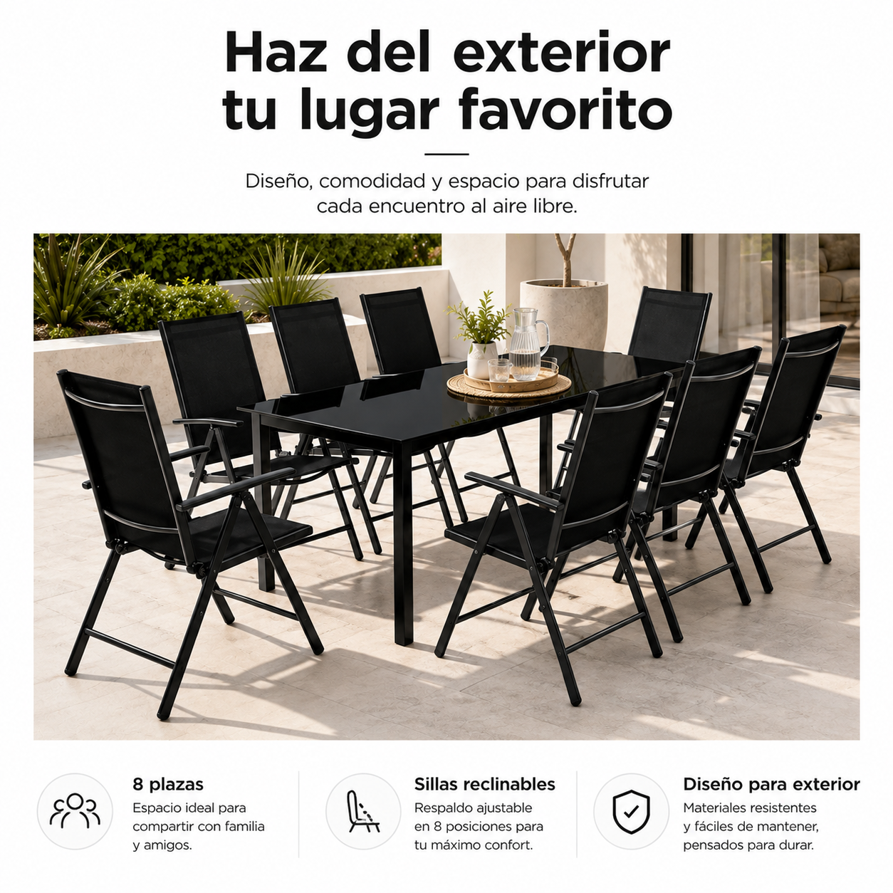 Ensemble jardin aluminium recouvert 9 pièces table en verre