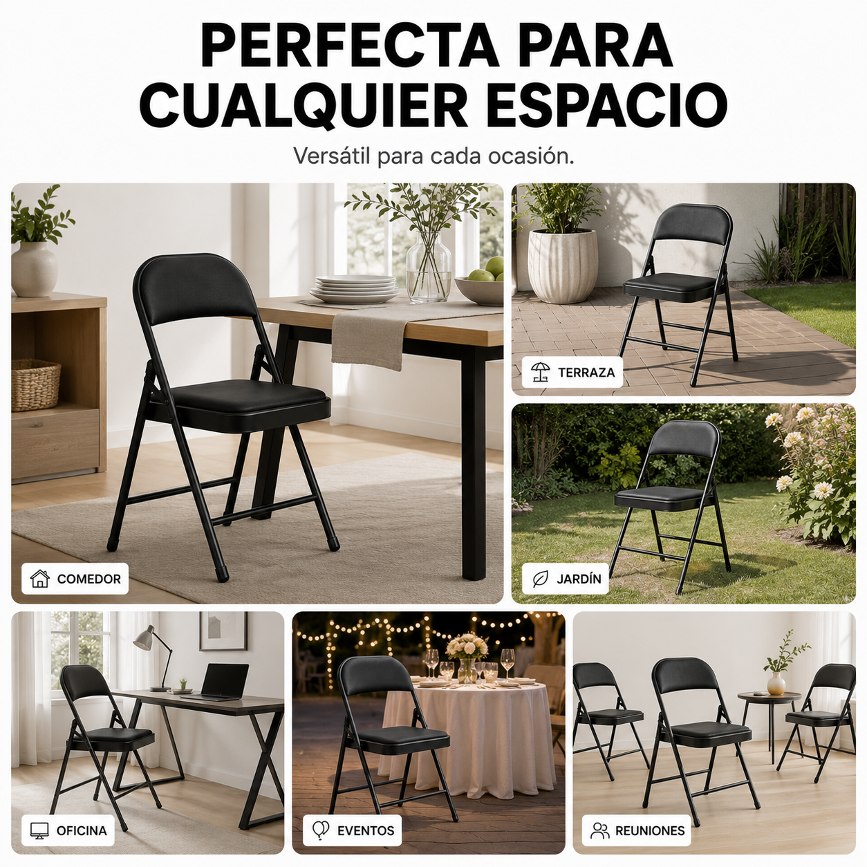 Chaise pliante rembourrée en acier noir