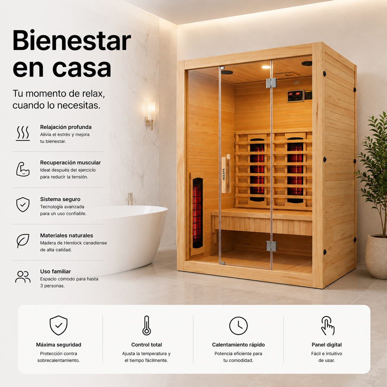 Sauna a infrarossi per casa 3 persone con 6 pannelli, Bluetooth e porta panoramica