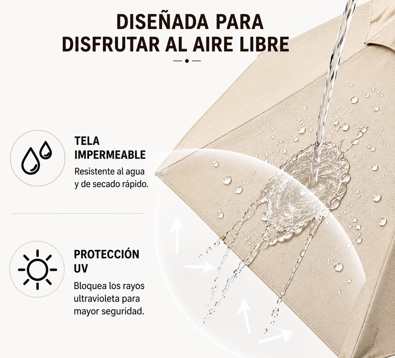 Ombrellone laterale da giardino con luci LED, inclinazione 360°, manovella e protezione solare UV colore beige senza base