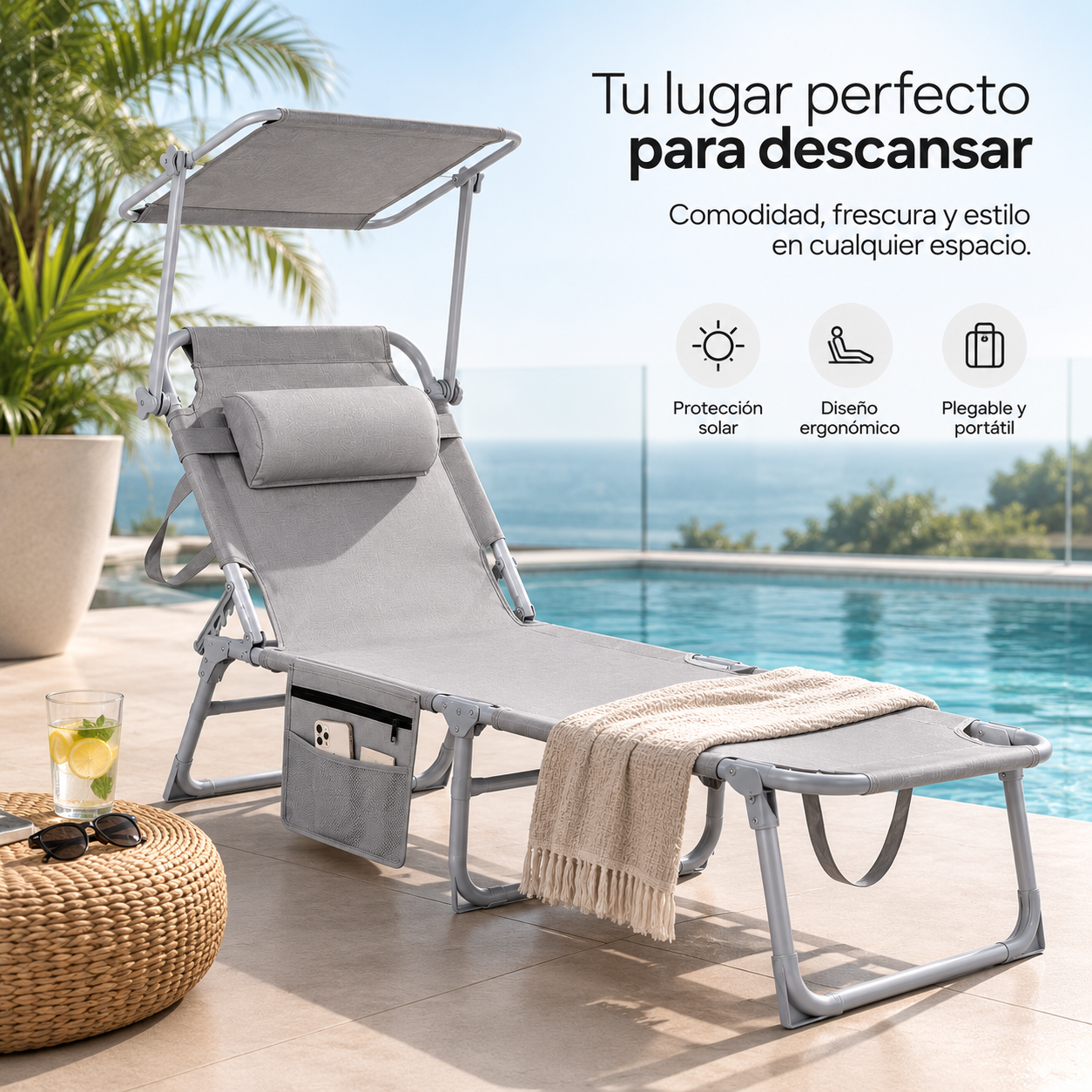 Set van 2 inklapbare ligbedden met verstelbare parasol voor tuin en strand