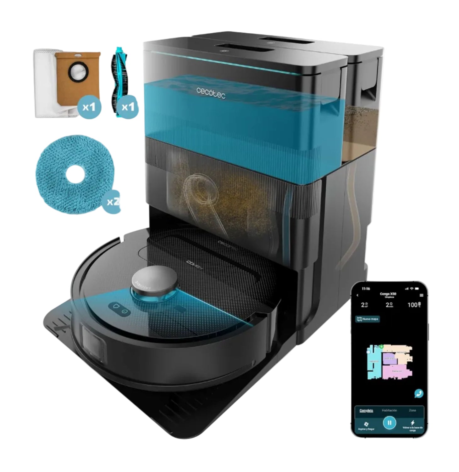 Cecotec Conga X50 Saugroboter mit Laser-Navigation und intelligenter Kartierung, Spin-Wischfunktion