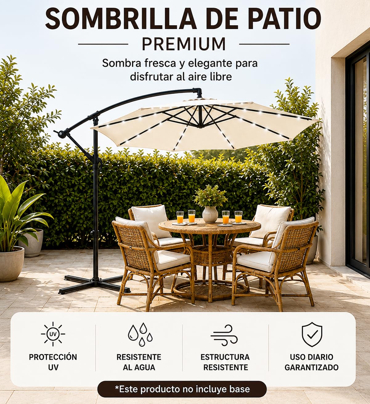 Ombrellone laterale da giardino con luci LED, inclinazione 360°, manovella e protezione solare UV colore beige senza base