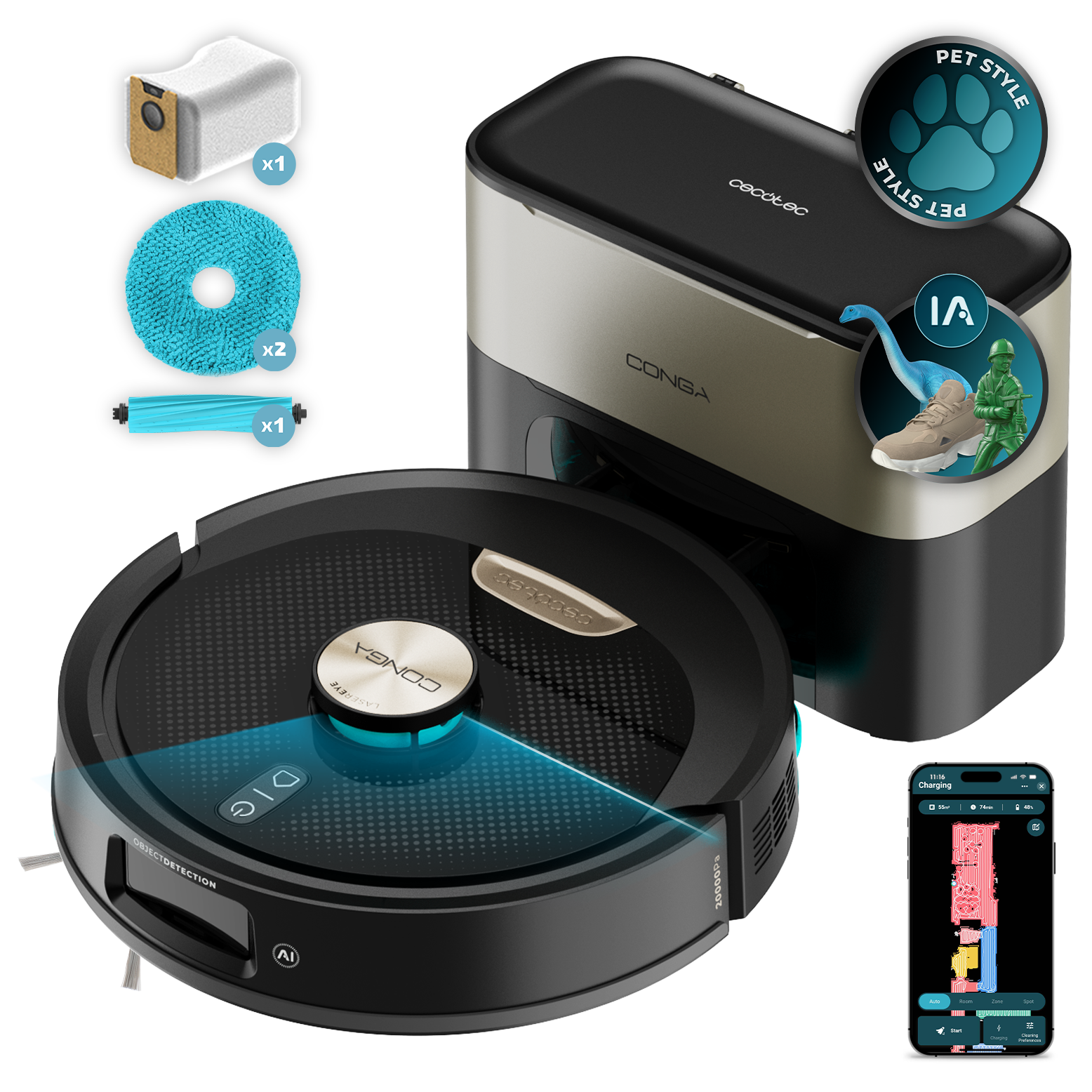 Cecotec Conga Y100 Spin KI Saugroboter 20000 Pa KI LaserEye intelligente Navigation