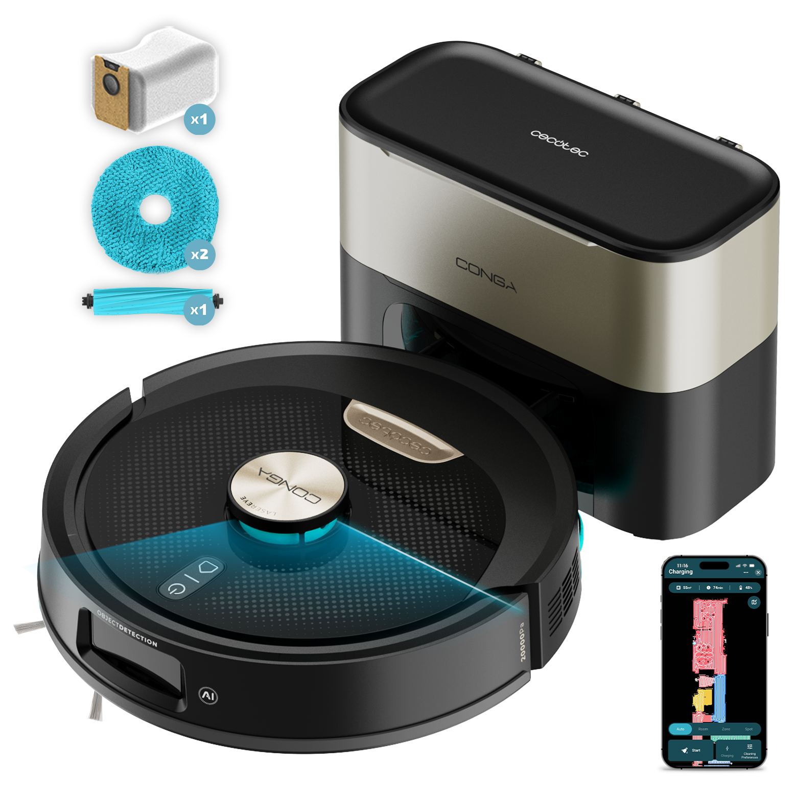 Cecotec Conga Y100 Spin KI Saugroboter 20000 Pa KI LaserEye intelligente Navigation
