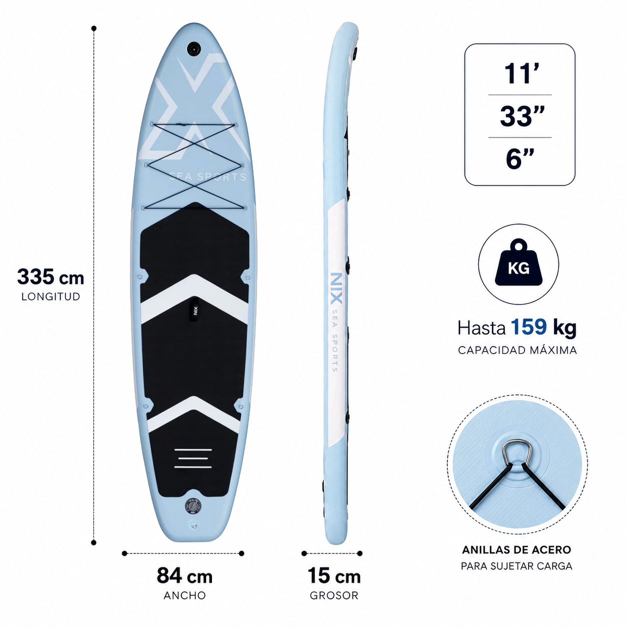Tabla Paddle Surf Hinchable 11" 335x84x15 cm 159 kg azul con accesorios