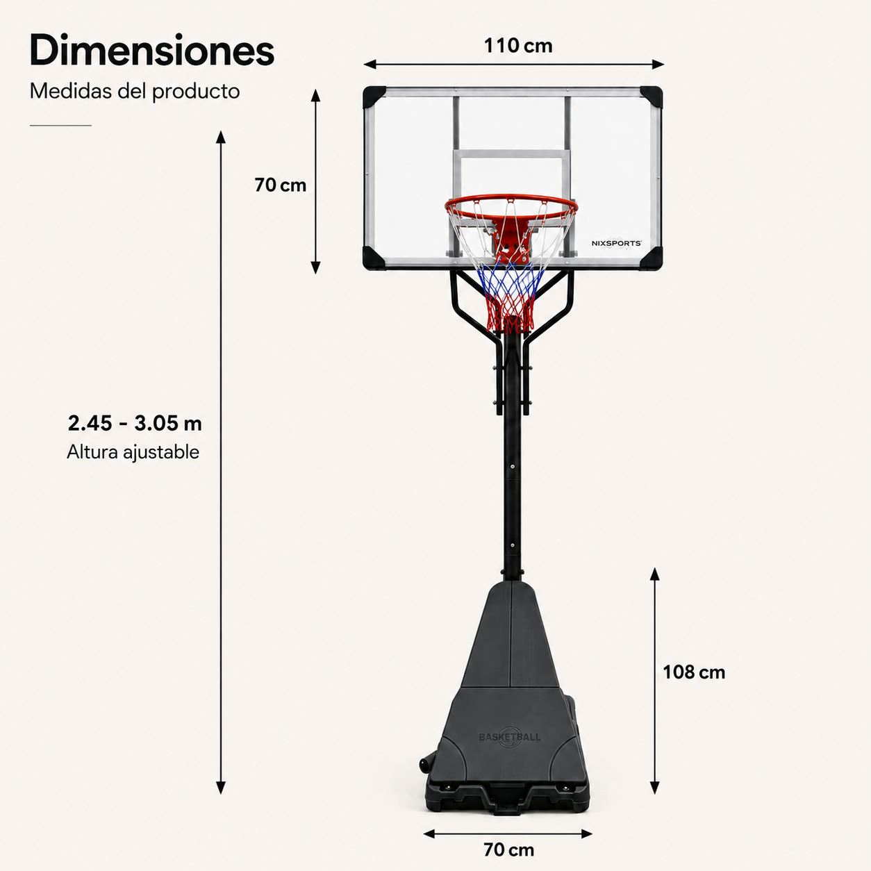 Canestro da Basket Portatile con Altezza Regolabile 2,45-3,05 m
