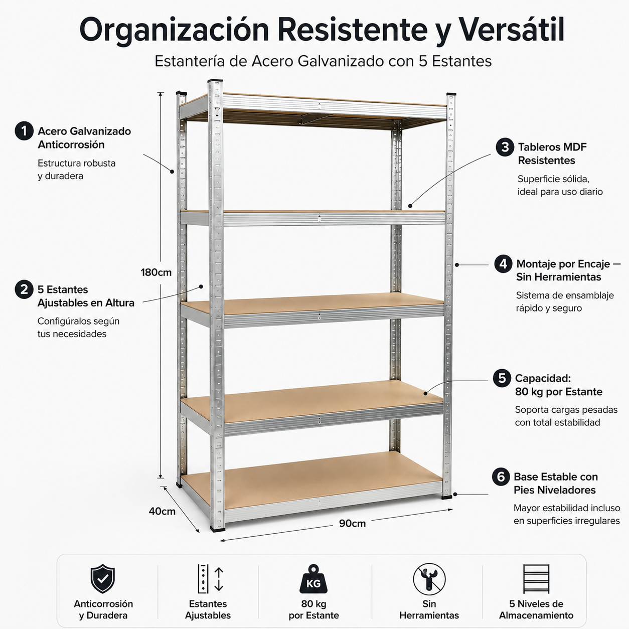 Scaffale metallico zincato con 5 ripiani rinforzati e grande capacità di carico 180x90x40 cm