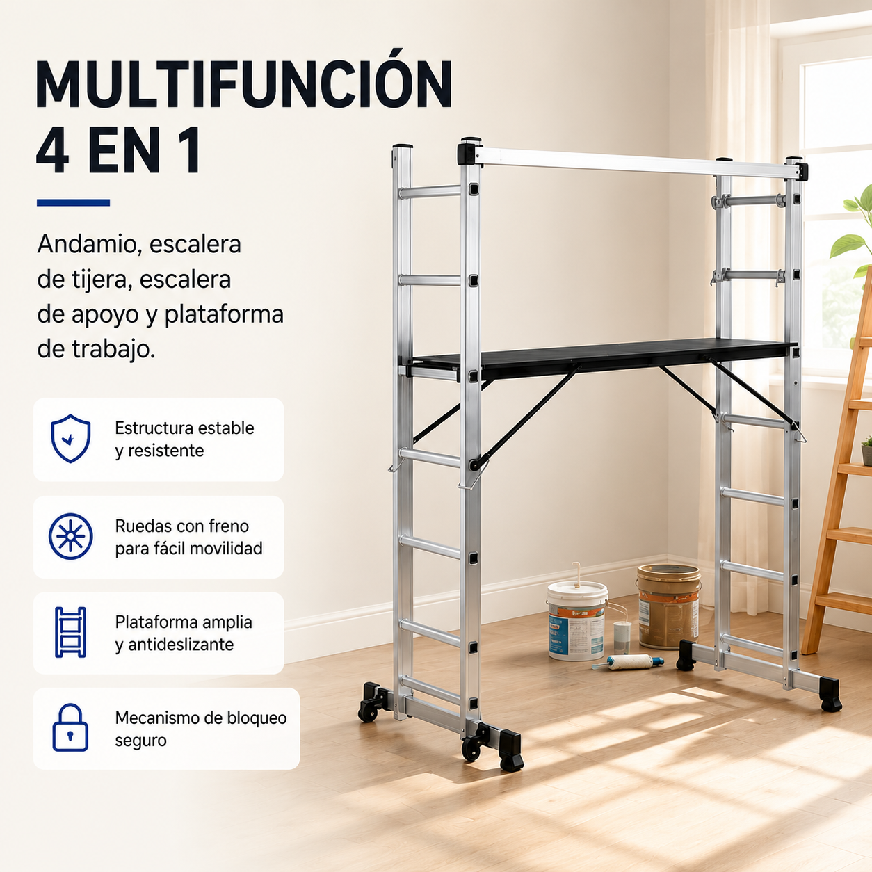 Escalera Multifunción 4 En 1 Con Plataforma Antideslizante