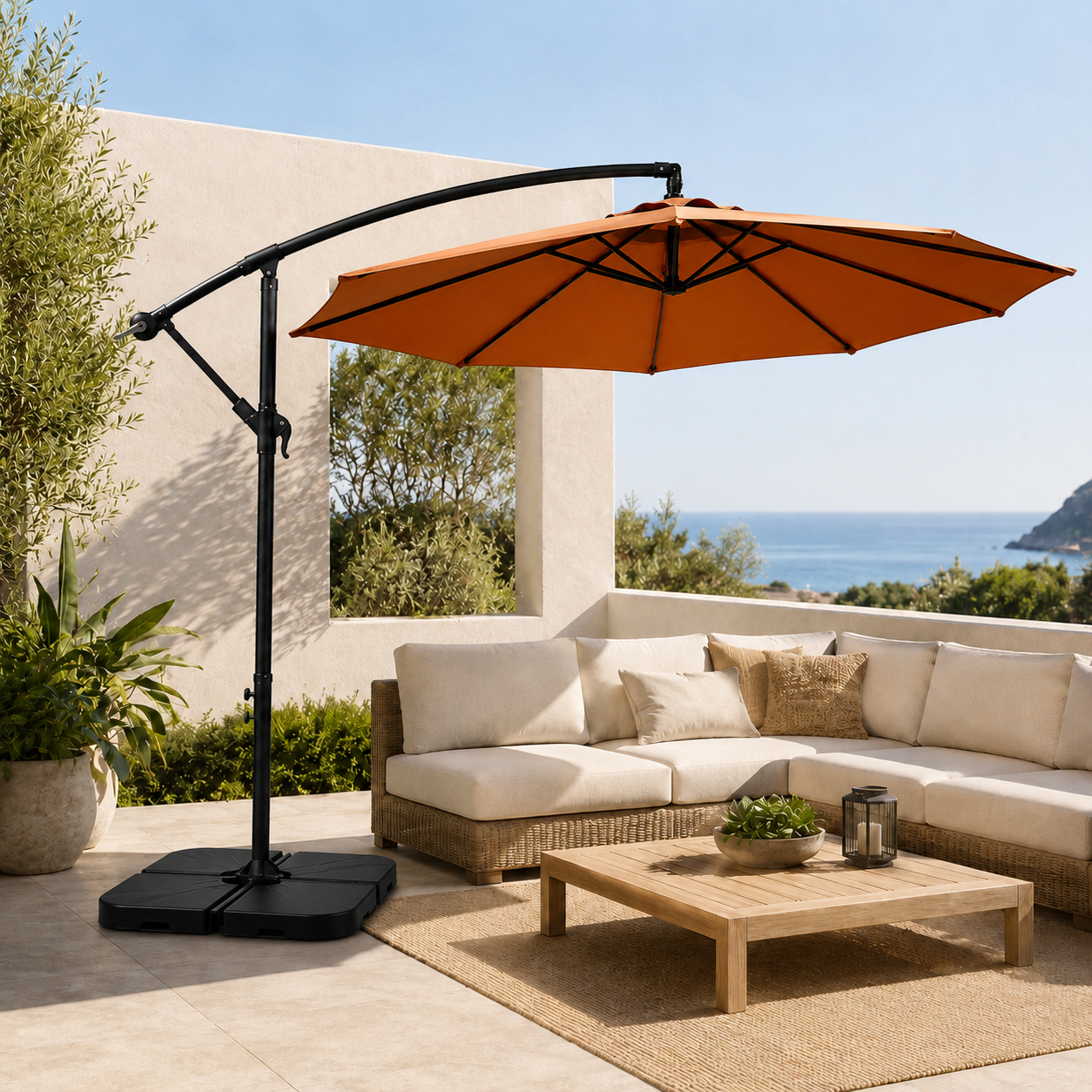 Pack Sombrilla Lateral 3m Kaki + Base Modular Cuadrada