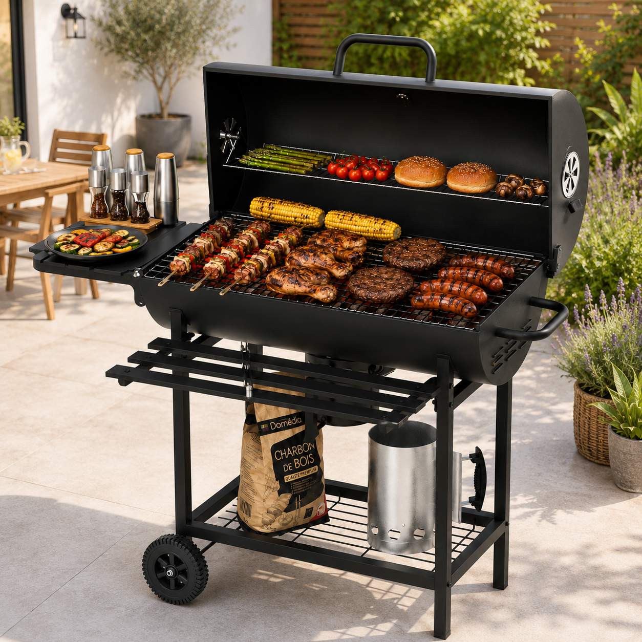Barbecue au charbon avec couvercle et ventilation réglable pour jardin avec roues