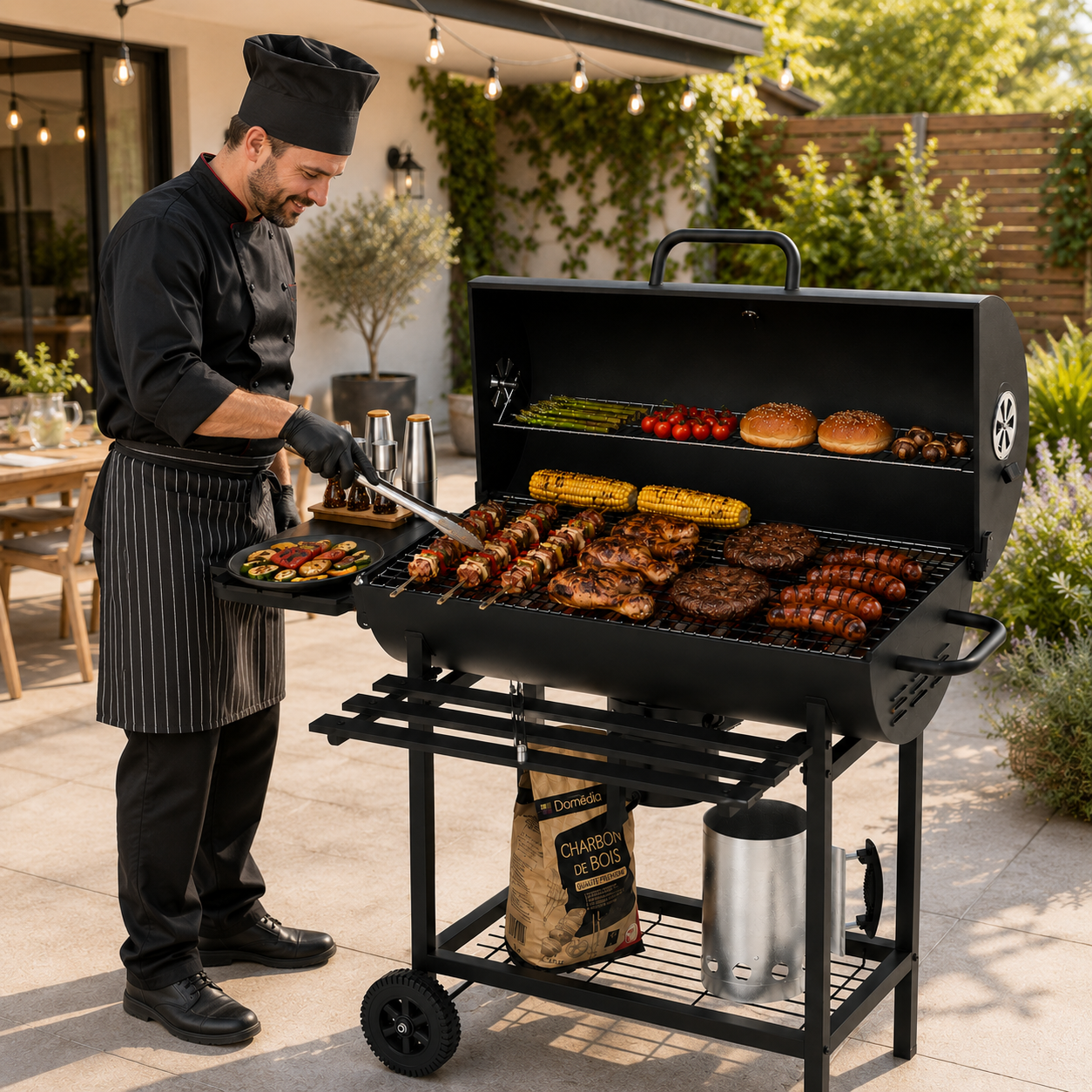 Barbecue au charbon avec couvercle et ventilation réglable pour jardin avec roues