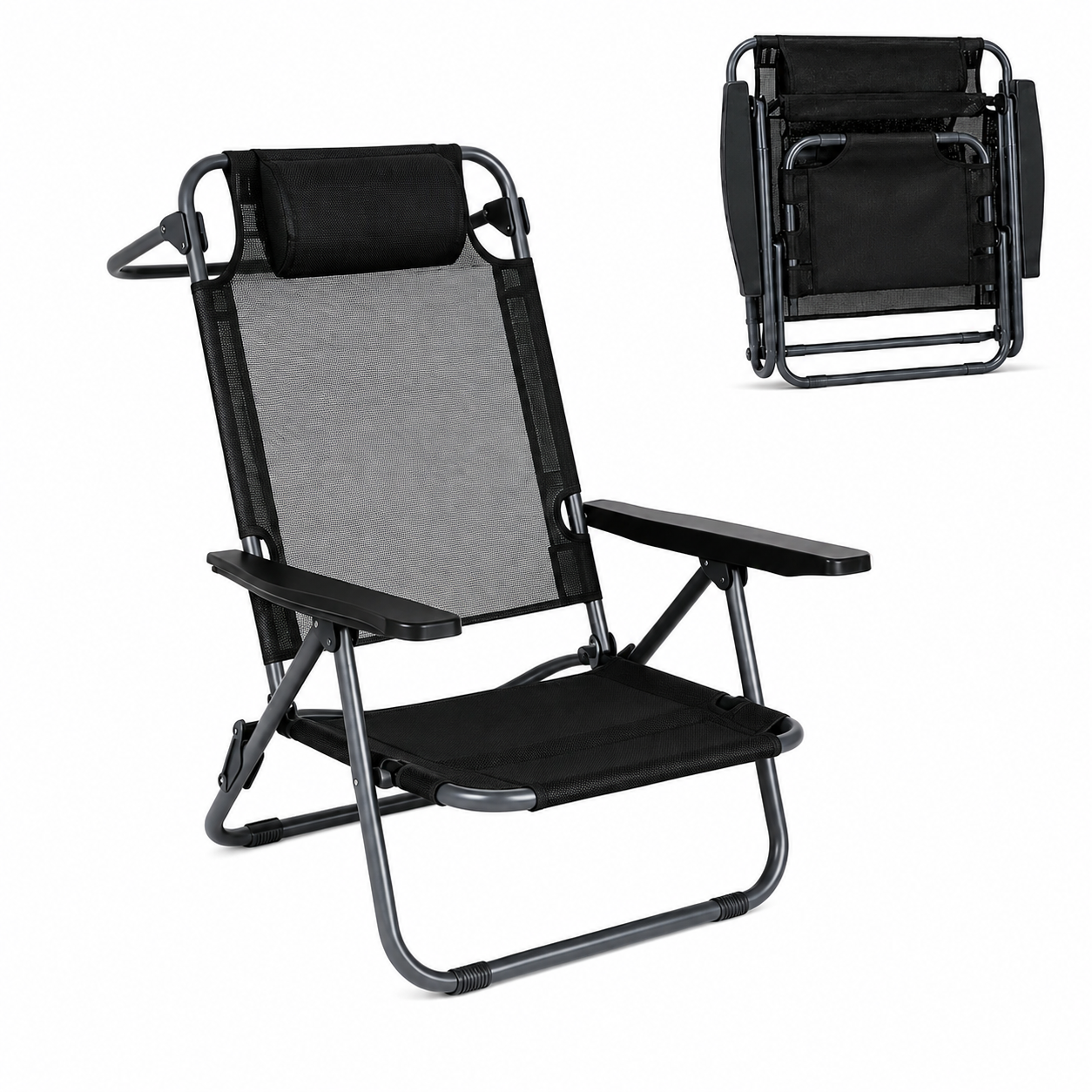 Chaise pliante basse pour plage et camping avec appuie-tête rembourré