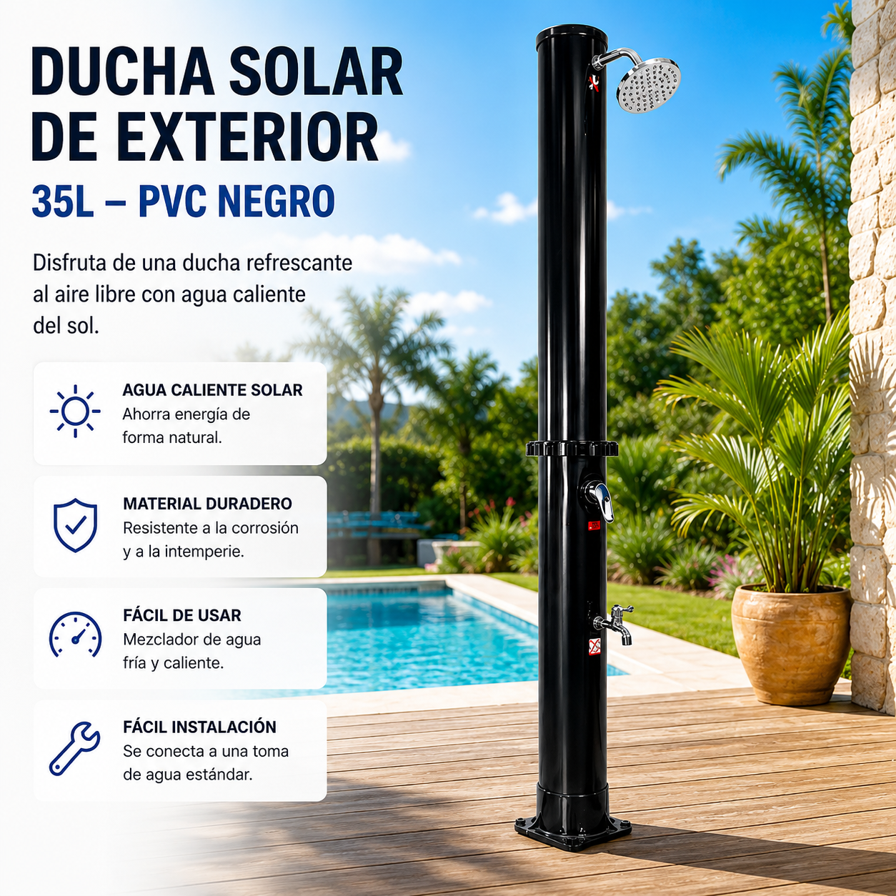 Ducha Solar Exterior 35L Jardín y Piscina con Mezclador y Grifo Lavapiés