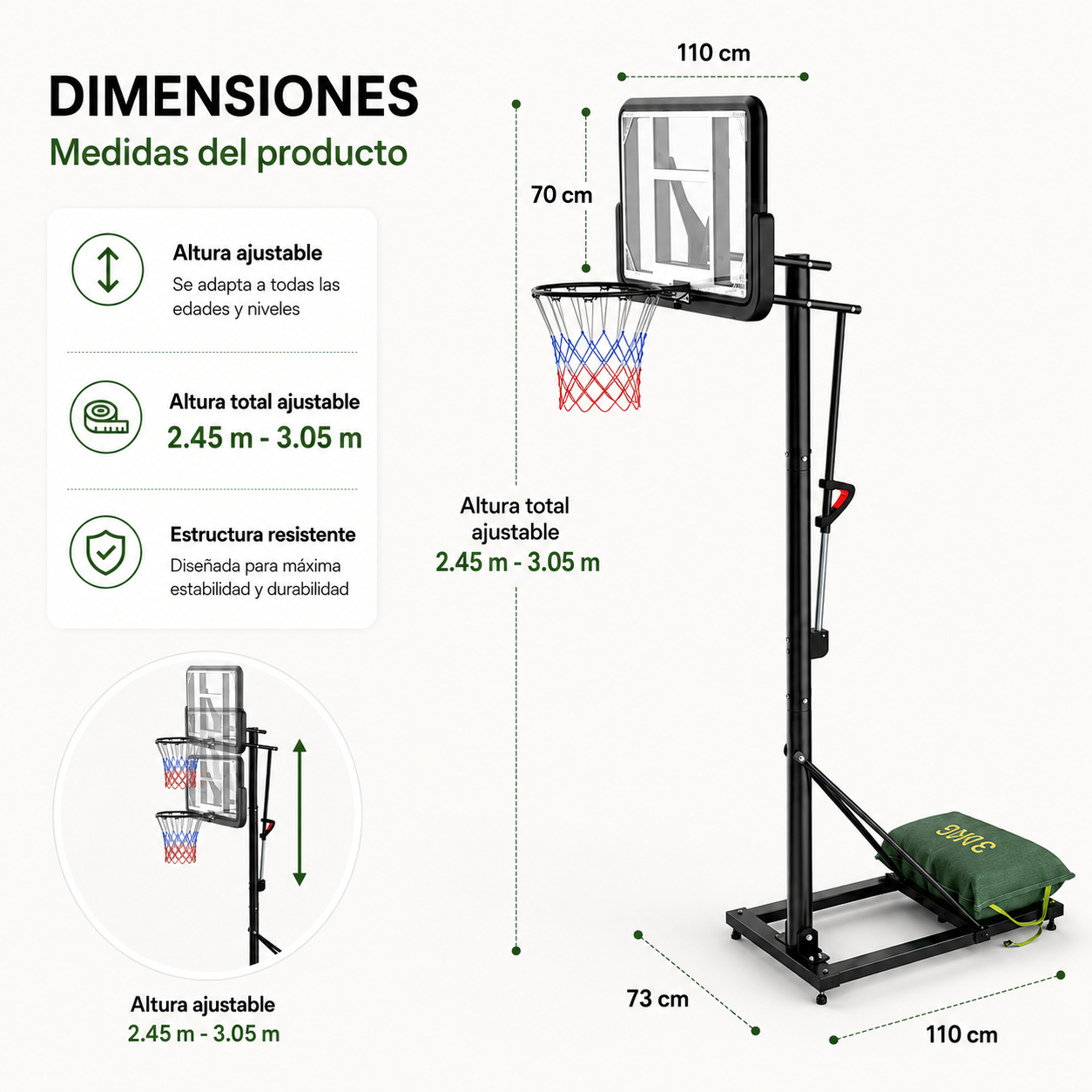 Canasta de Baloncesto con Altura Regulable 2,45-3,05 m