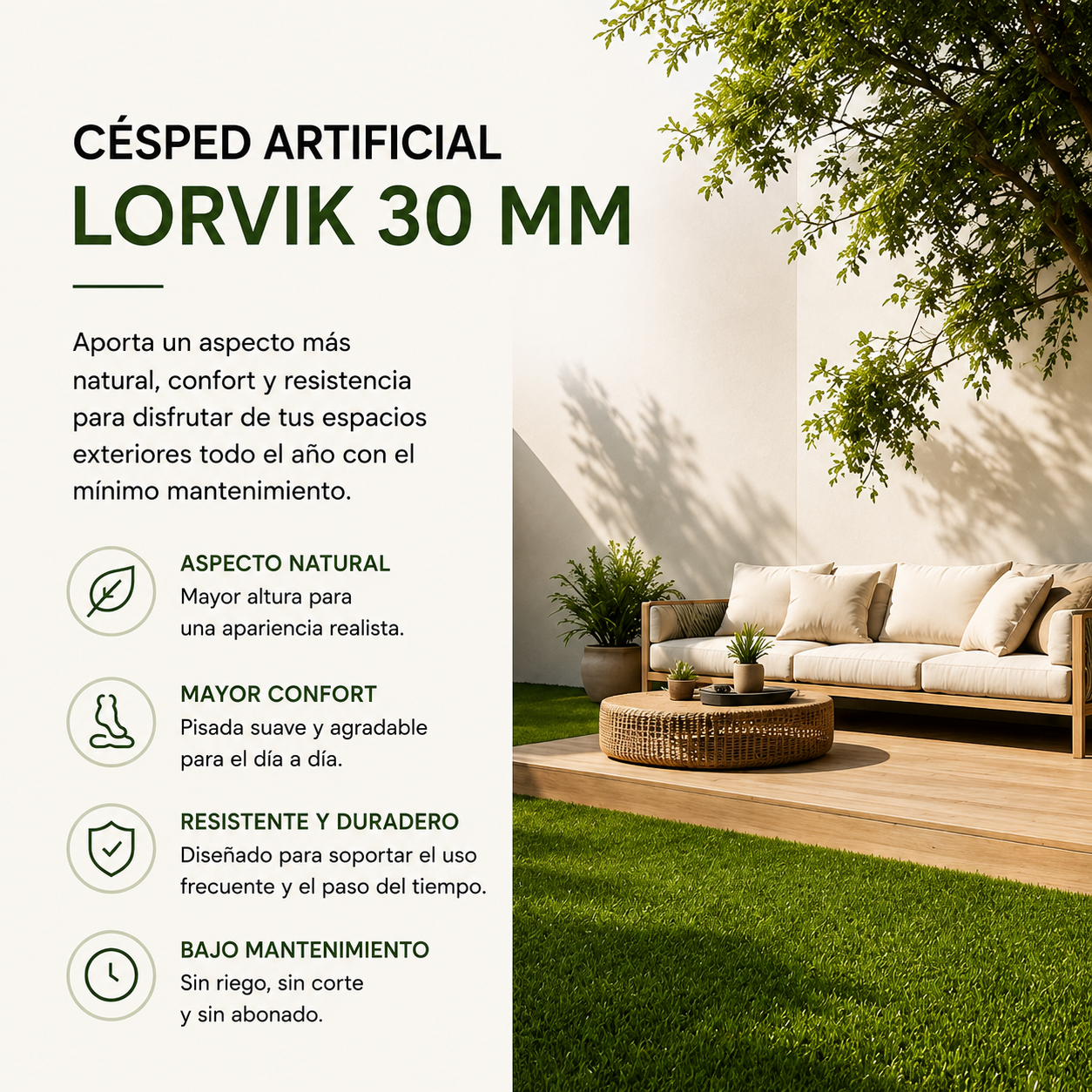 Lorvik Premium Rollo Césped Artificial 30 mm — 2×10 m (20 m²) para Jardín y Zona de Descanso