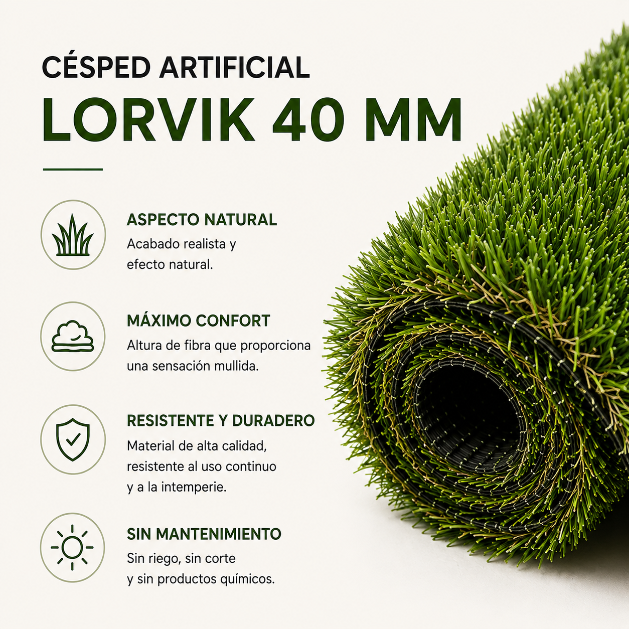 Relva Artificial Lorvik Premium Alta Densidade 40 mm — 2×10 m (20 m²) Exterior Natural
