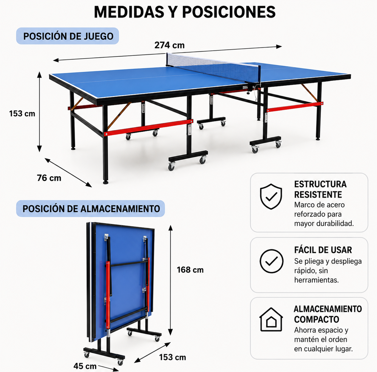 Table de ping-pong pliante compacte avec filet inclus
